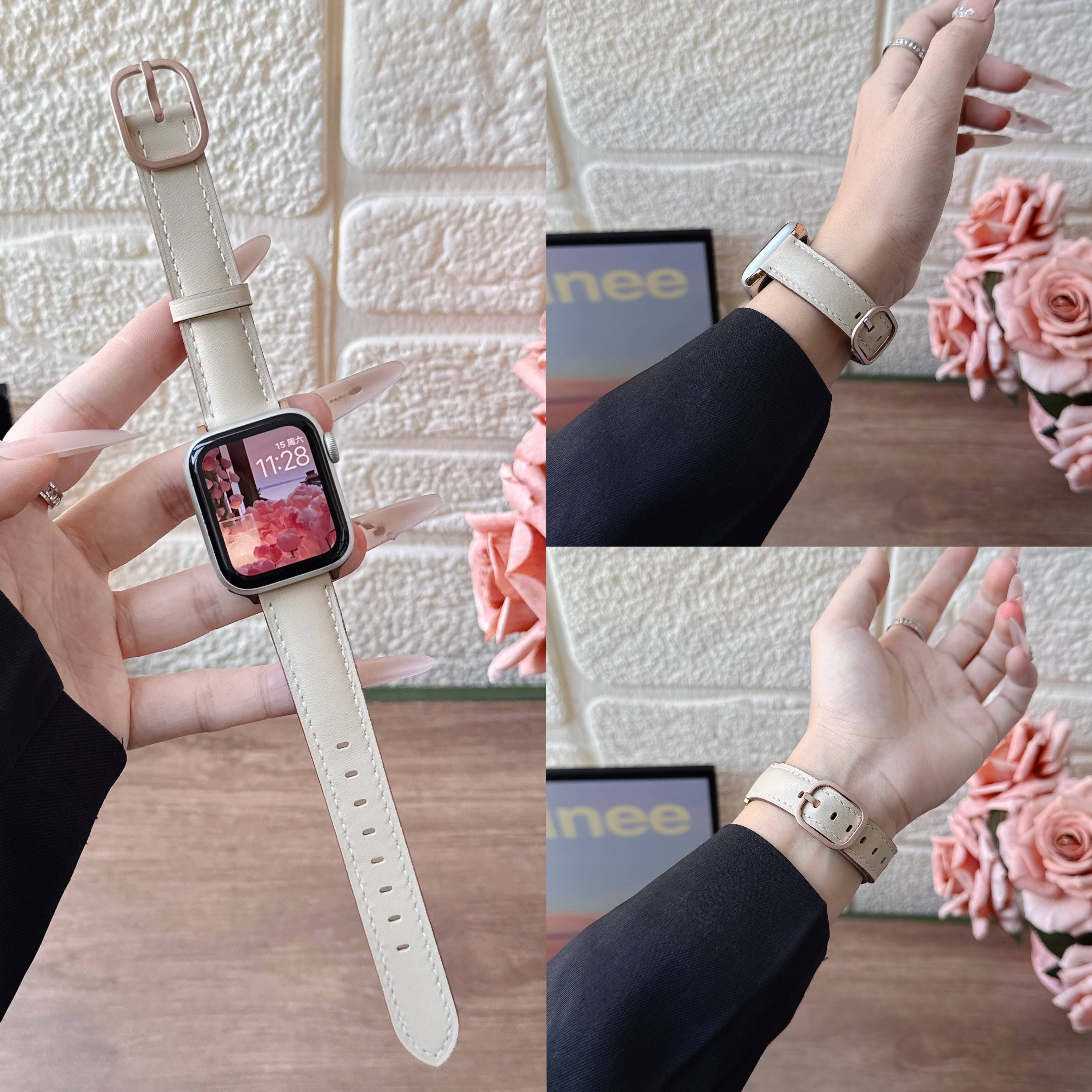 适用苹果手表s11真皮表带iwatch10se3日字金属扣6789气质女款腕带