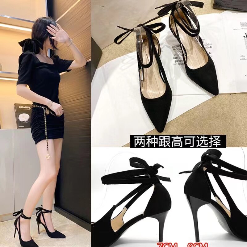 高跟鞋轻奢高级感黑色绑带高跟鞋女细跟性感女神超浅口尖头百搭