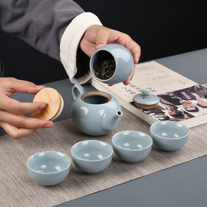 汝窑一壶四杯便携茶具旅行泡茶套装F户外车载陶瓷快客杯旅游泡茶