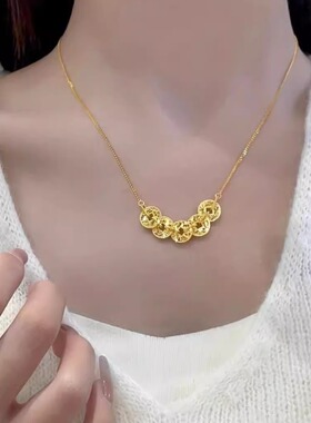 金包银爆闪碎冰冰五帝铜钱币吊坠古法盘缠钱多多招财锁骨链送女友