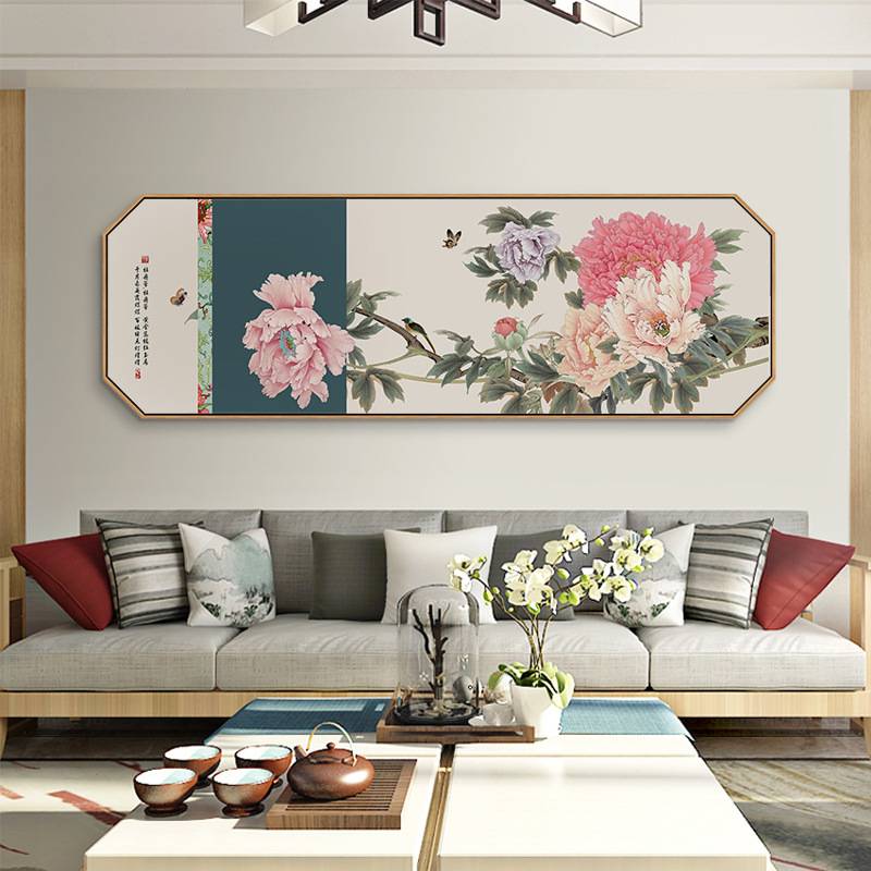 鸟鸣花开 新中式牡丹客厅装饰画卧室床头花鸟挂画横版茶室壁画图片