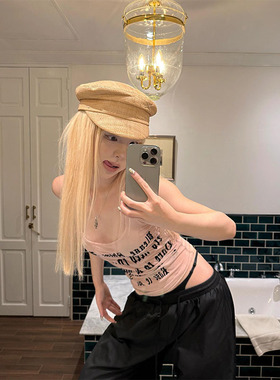 美式街头字母印花微透裸色吊带背心女夏辣妹古洛风修身上衣ins