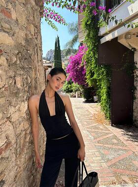 【率性气场】法式御姐纹理感收腰挂脖背心女镂空优雅上衣女潮