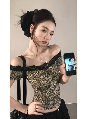 千禧狂野 美式辣妹波禧风豹纹浪漫蕾丝拼接花边收腰一字肩上衣女