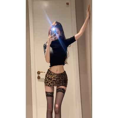 美式辣妹时髦套装黑色短袖上衣