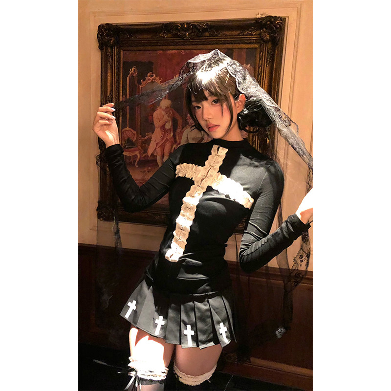 【穿心十剑】哥特辣妹风y2k蕾丝拼接长袖上衣秋半高领十字架T恤女