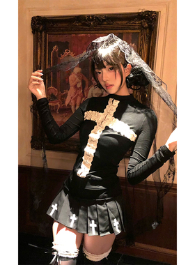 【穿心十剑】哥特辣妹风y2k蕾丝拼接长袖上衣秋半高领十字架T恤女