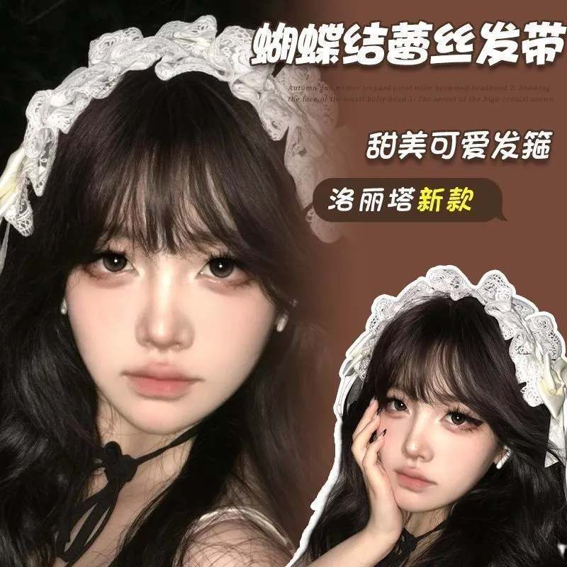 安妮早餐白色蝴蝶结蕾丝发带女