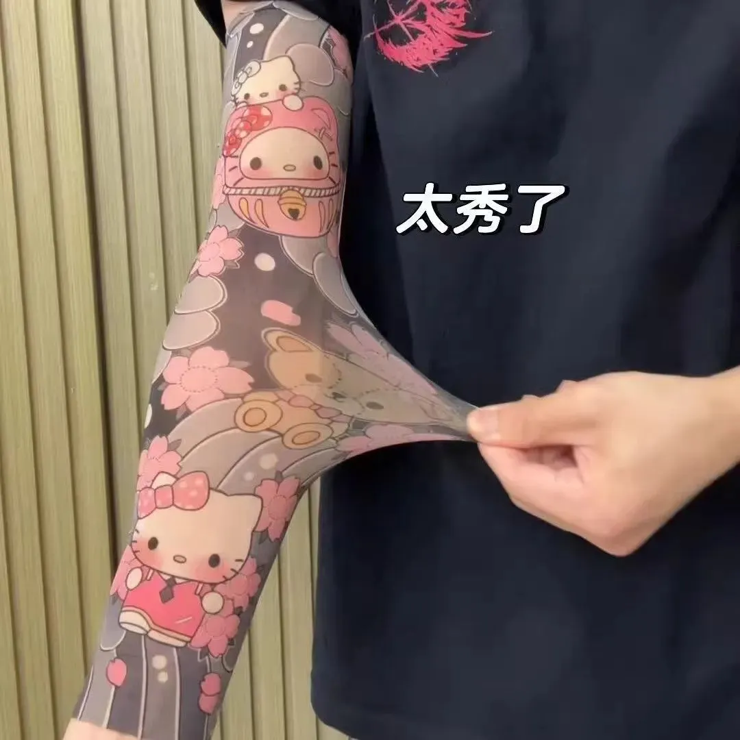 冰袖超薄无痕凯蒂猫花臂纹身男女同款情侣纹身贴猫防晒纹身袖套
