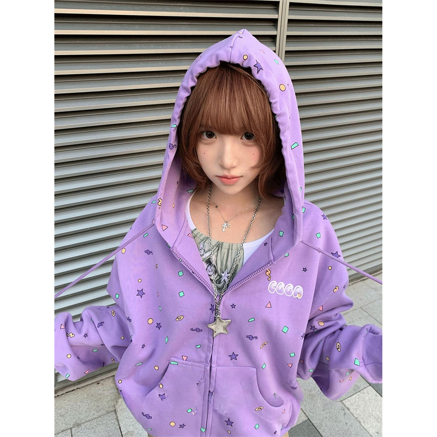 美式复古星星印花连帽开衫卫衣潮