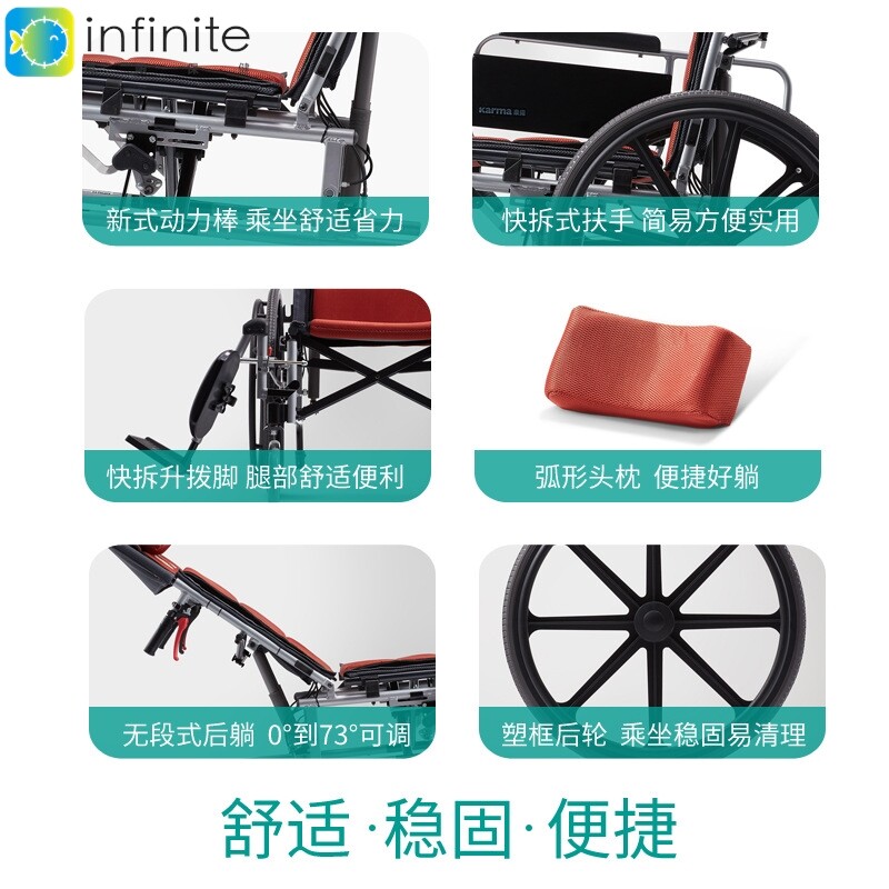 康扬高靠背轮椅老人专用多功能偏瘫可坐可躺平全躺折叠推车km5000