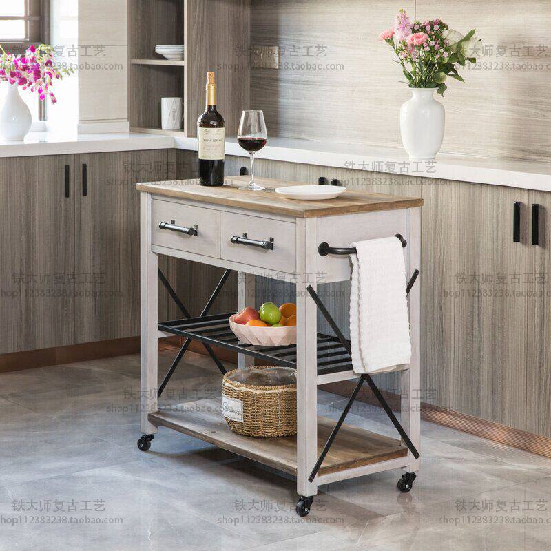 美式实木移动中岛台家用烤箱柜铁艺餐边柜开放式厨房操作台料理台