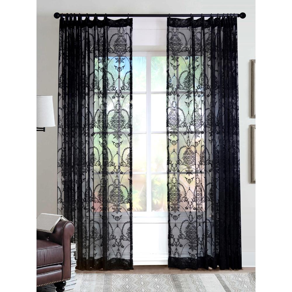 客厅书房落地窗飘窗北欧古典风格黑色蕾丝提花窗纱窗帘成品免打孔