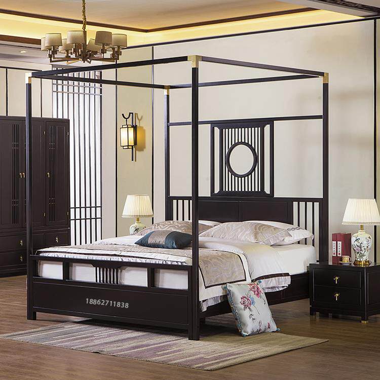 实木床新中式架子床双人床拔步彷古带床幔四柱乌金木月洞可挂蚊帐