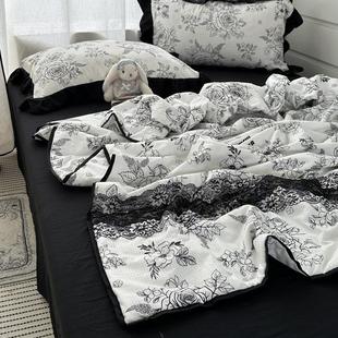 田园赫本风ins黑色蕾丝花边水洗棉夏凉被四件套夏季 空调被薄被芯
