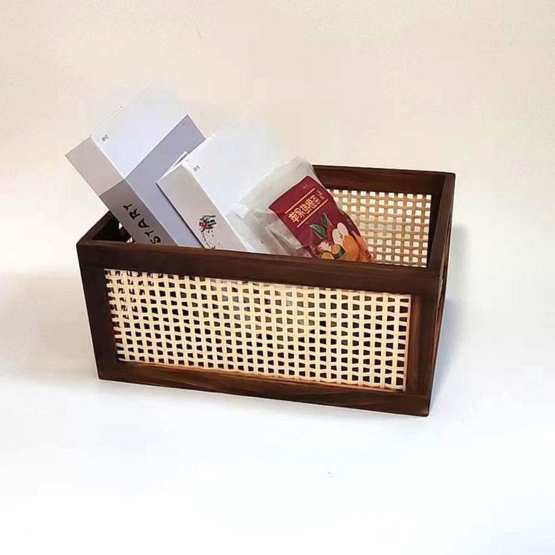 竹编实木质日式收纳盒桌面茶几收纳篮子烧色长方形覆古零食收纳筐