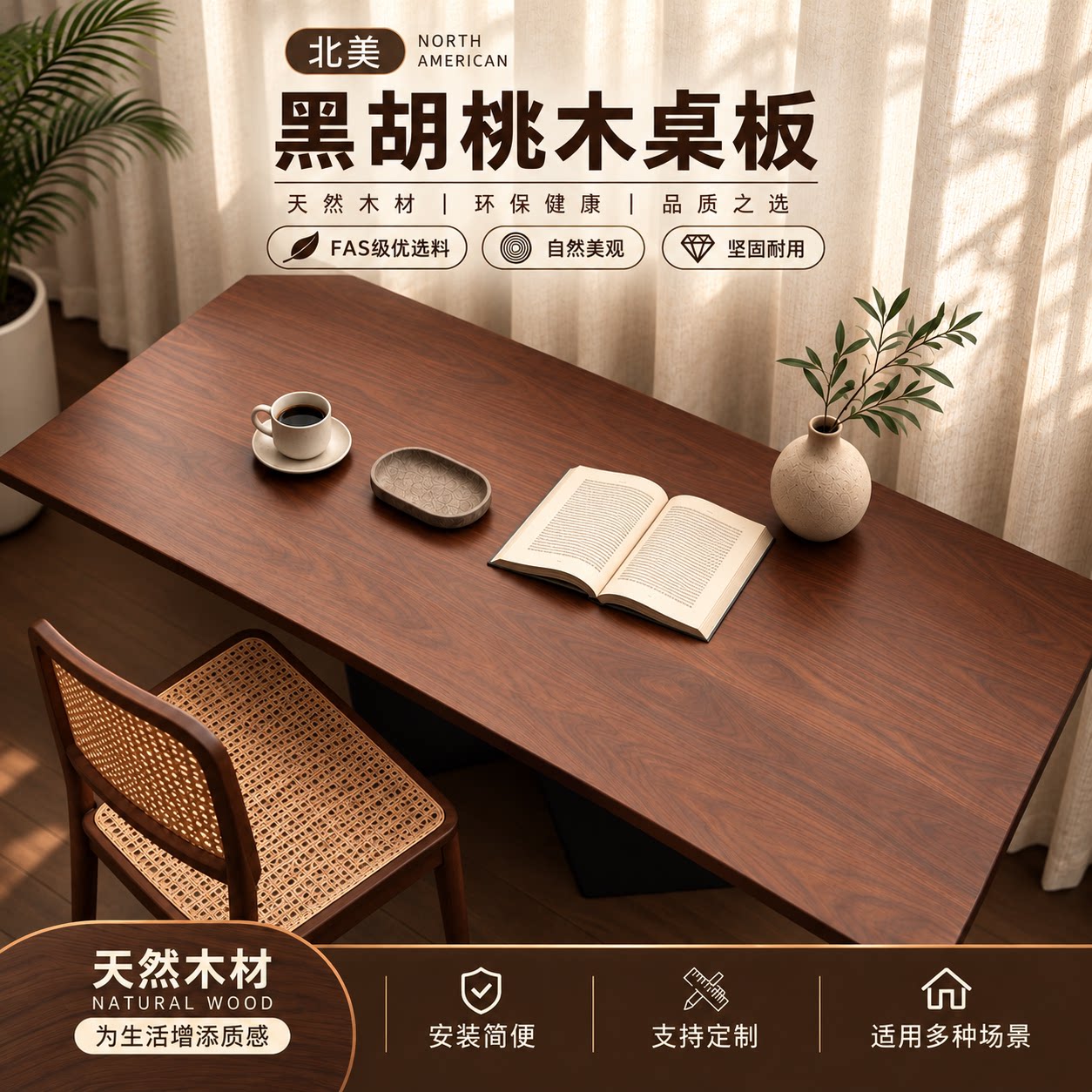原木北美黑胡桃实木板吧台板桌板电脑桌板木板桌面木材加工定制