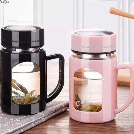 水杯女家用办公室玻璃杯茶水分离泡茶杯防摔带盖把手个人