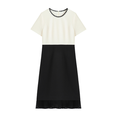 【深圳虹姐】新款设计感撞色敕修百褶气质短袖连衣裙S3200