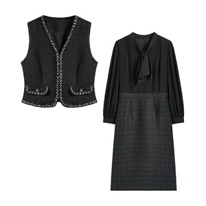 【南油虹姐】秋季新款小香风高腰法式拼接连衣裙两件套套装3022