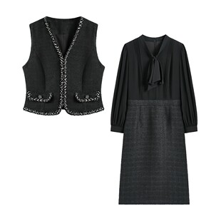 【南油虹姐】秋季新款小香风高腰法式拼接连衣裙两件套套装3022