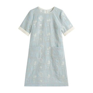 【南油虹姐】夏季新款冰蓝绮韵·精致显瘦绣花拼贴重工口袋裙