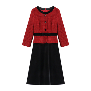 【南油虹姐】秋冬新款小香风丝绒拼接名媛显瘦气质裙子连衣裙3098