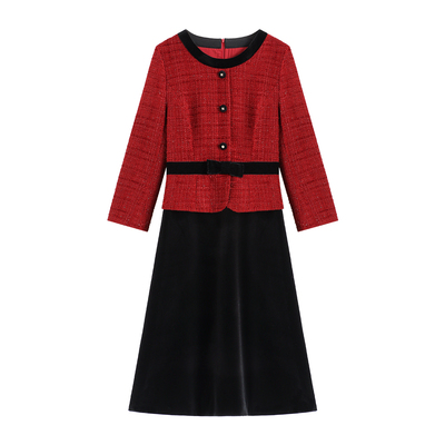 【南油虹姐】秋冬新款小香风丝绒拼接名媛显瘦气质裙子连衣裙3098