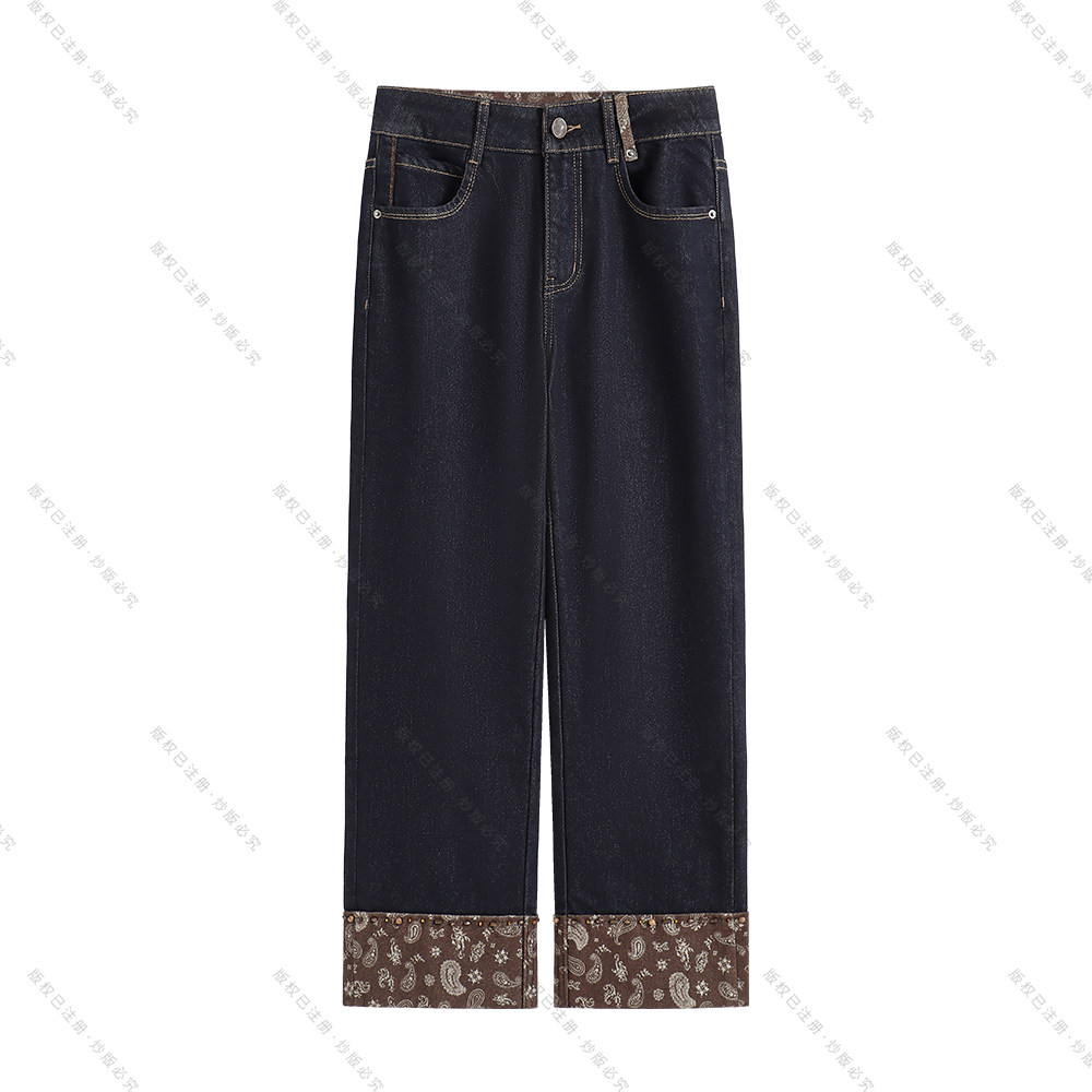 【南油虹姐】新款休闲复古拼接设计感直筒牛仔裤腰果印花