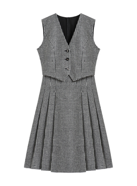 【南油虹姐】新款法式复古千鸟格时尚叠穿A字散摆背心长裙3097