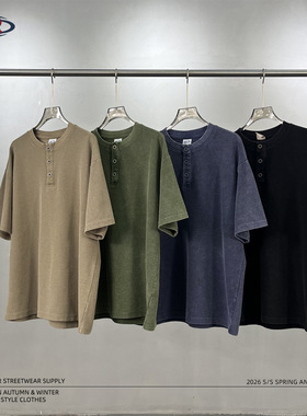 ARTIE男装丨夏季325g重磅华夫格亨利领短袖蜡染洗水做旧复古短袖