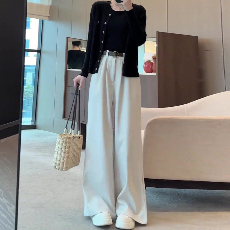 白色宽松褶皱阔腿裤女2025年春季新款慵懒垂感休闲裤拖地西装裤子