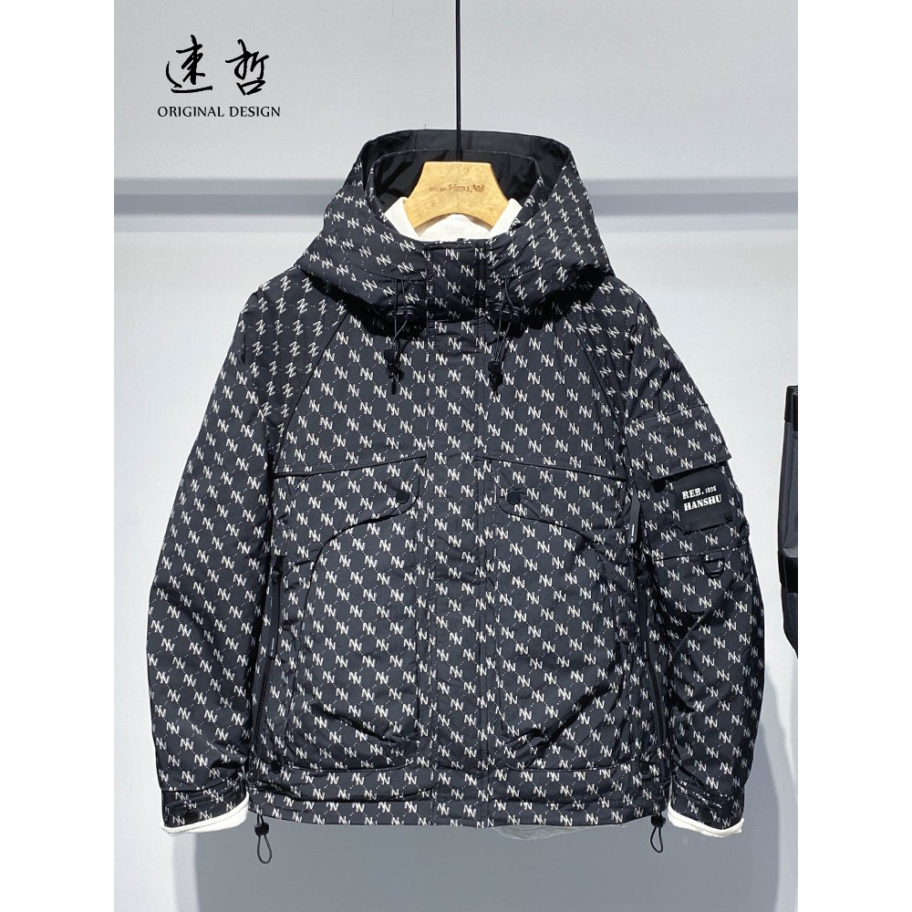 德系户外夹棉冲锋衣男定制花色时尚潮男棉服休闲连帽百搭二棉外套