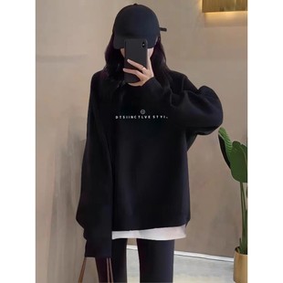 加绒加厚无帽上衣 宽松中长款 韩国假两件圆领卫衣女装 2025春秋新款