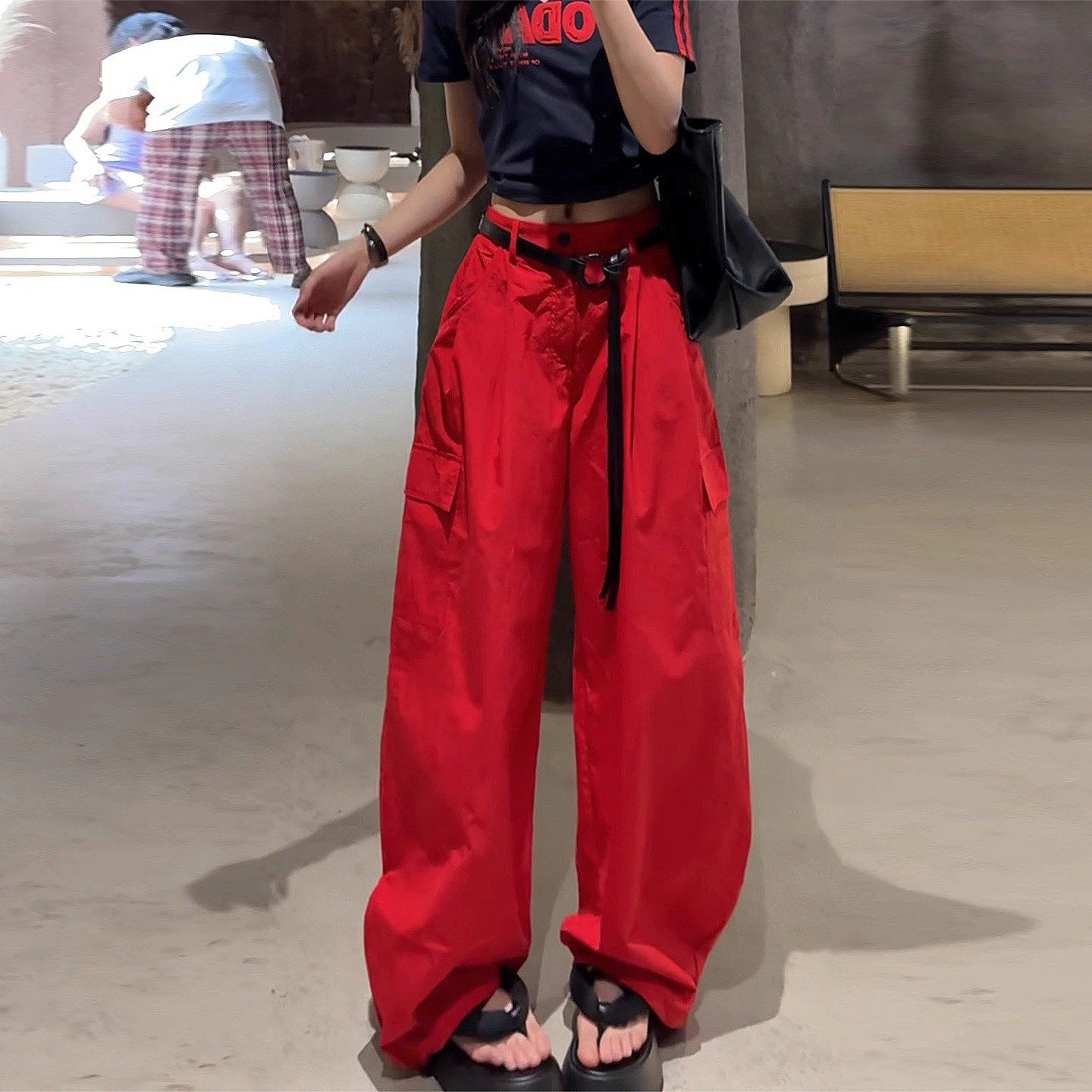 酷飒风红色冰丝速干 干工装裤女夏薄2025新款高腰显瘦时尚洋派伞,女装/女士精品,大码裤装,淘宝优惠券,粉丝福利购,淘宝优惠卷