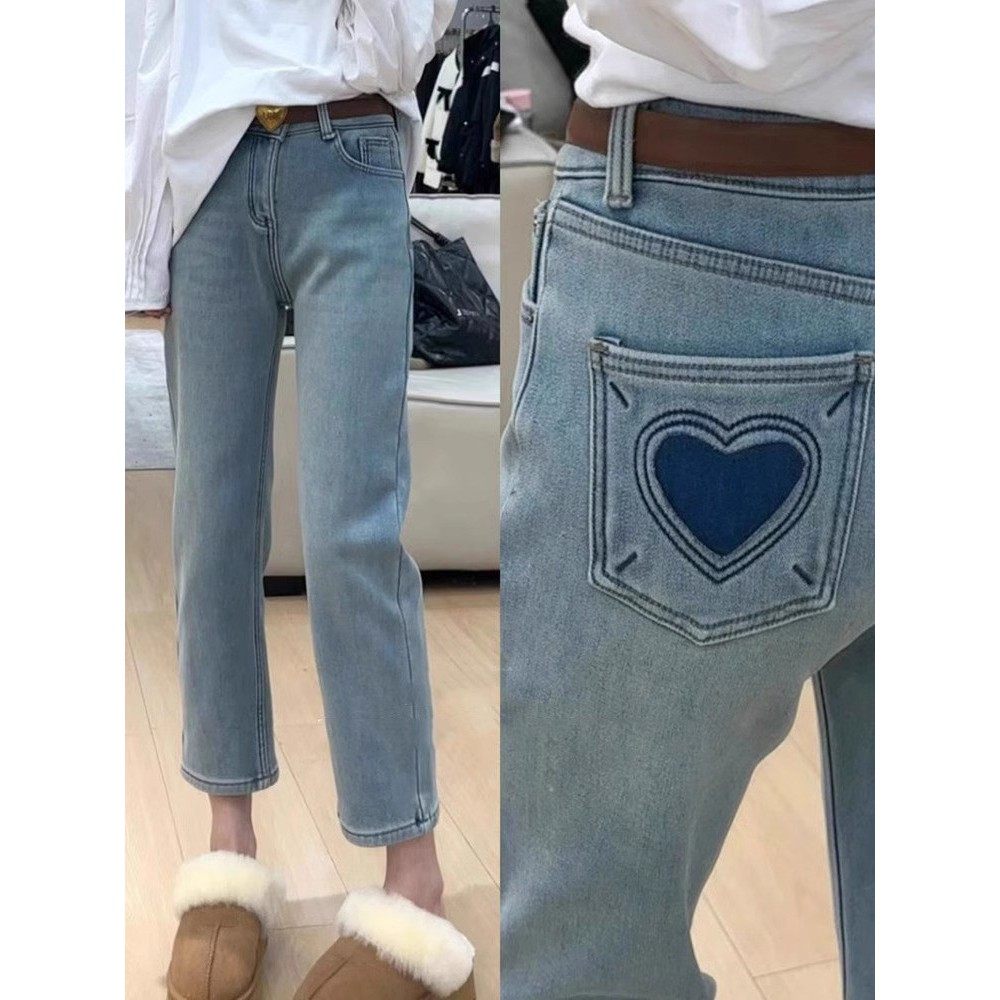 蓝色高腰直筒加绒牛仔裤女2025新款秋冬大码胖mm显瘦弹力烟管裤子,女装/女士精品,大码裤装,淘宝优惠券,粉丝福利购,淘宝优惠卷