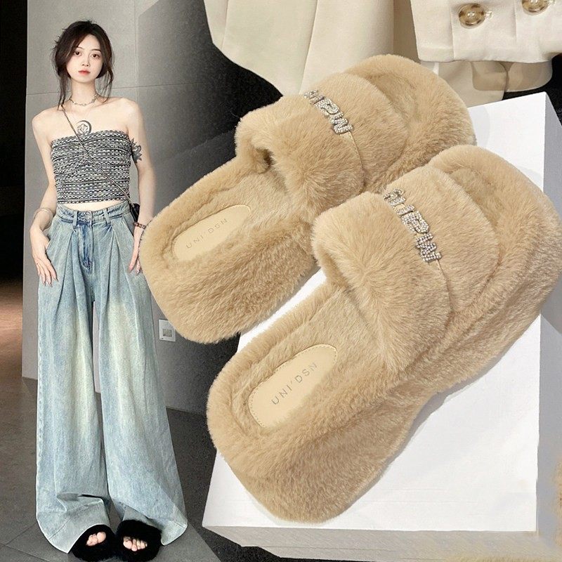 日本STELU厚底毛毛拖鞋女外穿2025春秋新款高级感水钻松糕一字拖,女鞋,毛毛鞋,淘宝优惠券,粉丝福利购,淘宝优惠卷