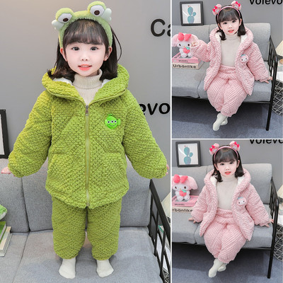 女童加绒睡衣冬季珊瑚绒女孩宝宝加厚保暖冬款儿童三层夹棉家居服