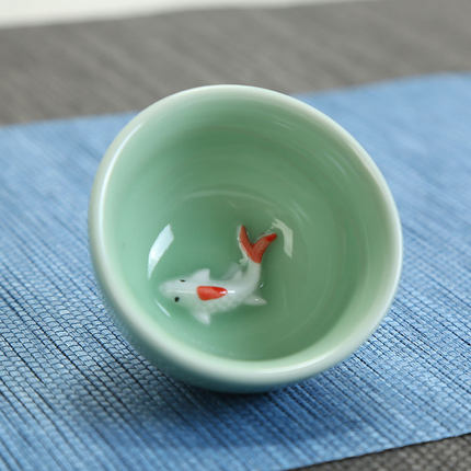 青瓷鲤鱼茶杯陶瓷品茗杯功夫茶具茶杯子家用小茶碗6只装小杯子