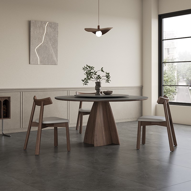 意式岩板餐桌带转盘小户型家用2024新款极简轻奢胡桃木色实木圆桌