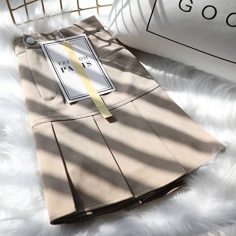 有口袋百褶裙女夏高腰a字显瘦小个子短裙西装面料港风灰色半身裙