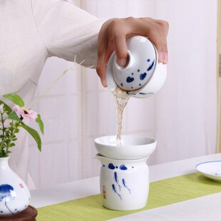 遇见 手绘螺纹鱼响杯 功夫茶具套装 公司家用白瓷盖碗茶壶礼盒装