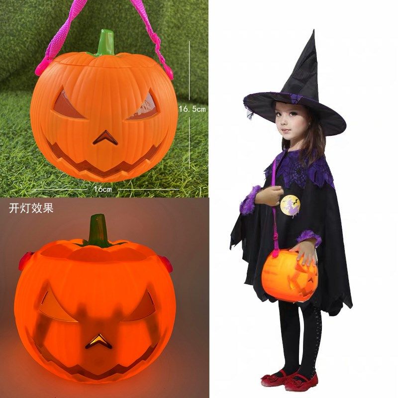 万圣节儿童手提南瓜糖果桶背带南瓜糖果罐带盖礼物发光讨糖南瓜桶