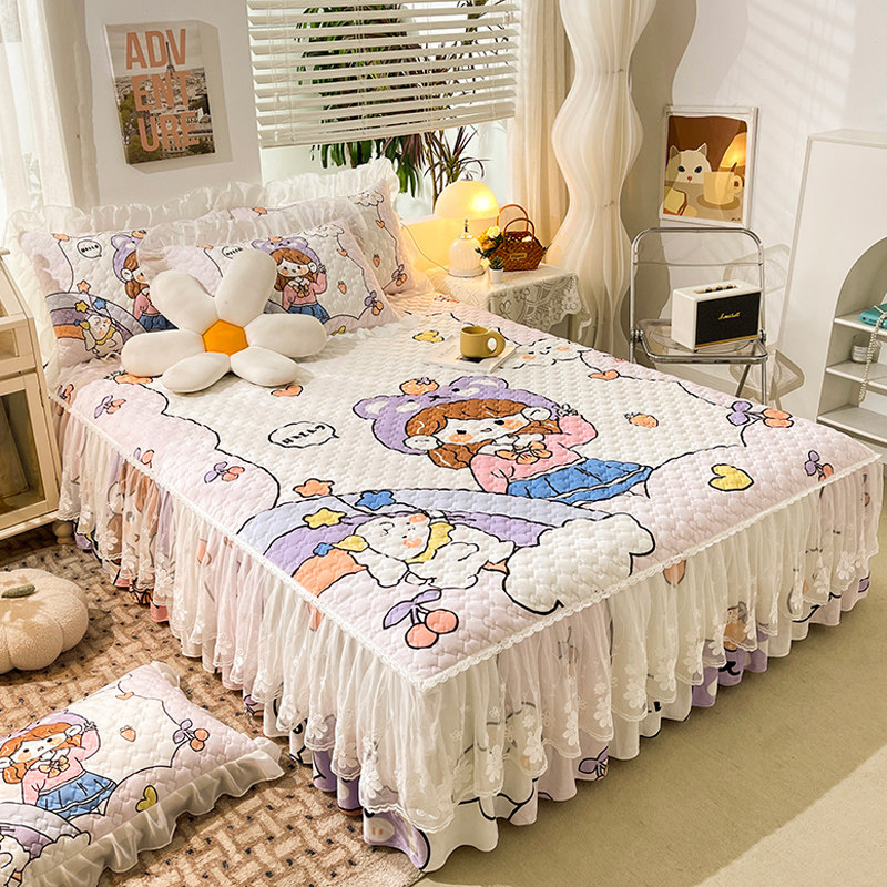 加厚水晶绒床裙单件可爱卡通女孩夹棉床单公主风床围裙床罩保护套