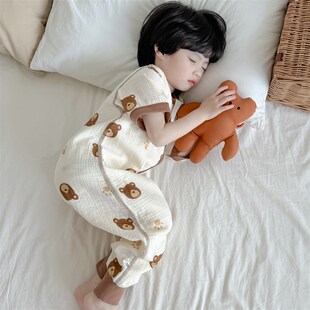 2024夏季新款儿童泡泡纱布前4后2短袖长裤睡袋宝宝A类无骨连体衣