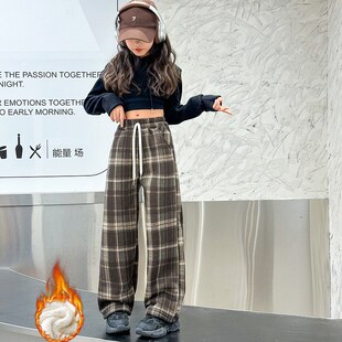 女童加绒裤子秋冬装新款儿童一体绒加厚格子阔腿裤女孩休闲直筒裤