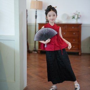 女童套装新中式国风红色无袖马甲上衣2024夏季新款儿童唐装两件套