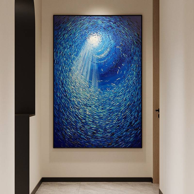 深海鱼群克莱因蓝手绘油画抽象小众肌理画客厅卧室玄关装饰画图片
