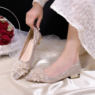 现货速发香槟色平底婚鞋2025新款秀禾婚纱两穿孕妇低跟高跟鞋日常