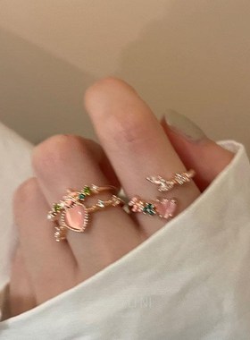 现货速发双层爱心锆石开口甜美设计小众高级感食指戒可调节指环